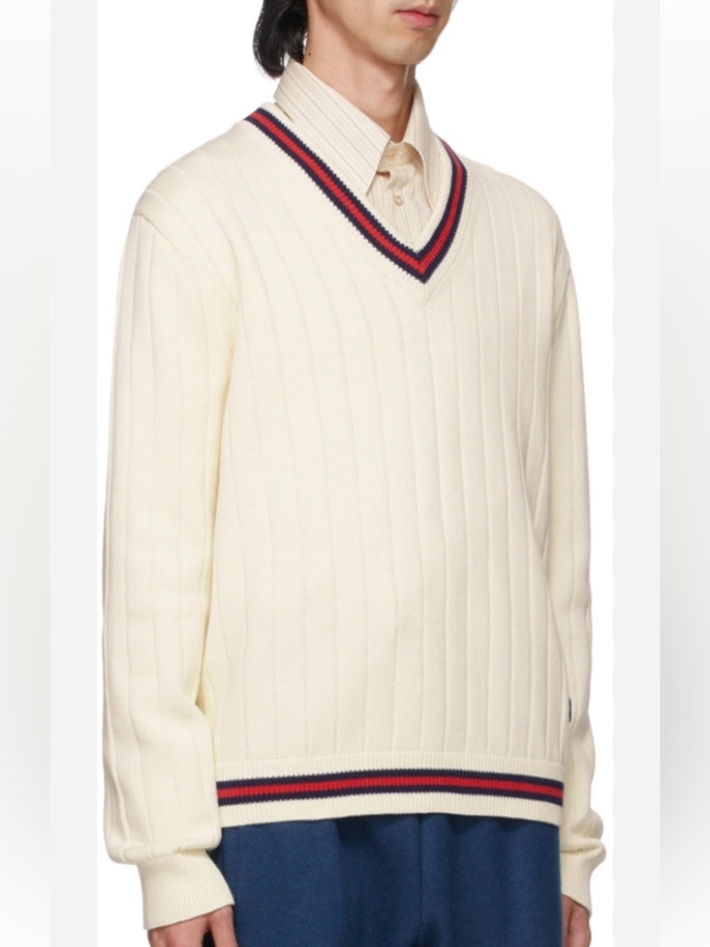 Men's Gucci, cotton knit V-neck sweater with web trim and interlocking G logo L